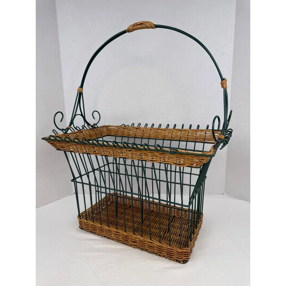Vtg Green Wire Wicker Woven Magazine Basket‎ Holder Cottage Shabby Country